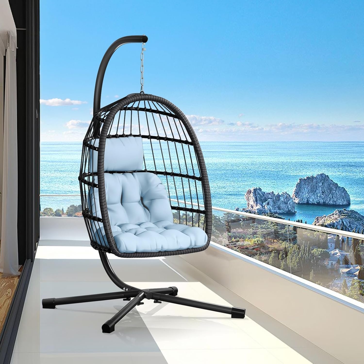 Patio Rattan Wicker Hanging Egg Chair with Cushion