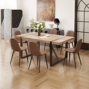 Dining Table Set for 6 – 71" Rectangular Wood Table with Fabric Chairs