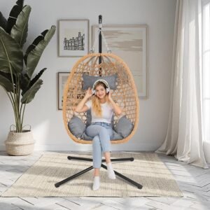 Hanging Egg Chair with Stand & Cushions – All-Weather Rattan Swing Chair