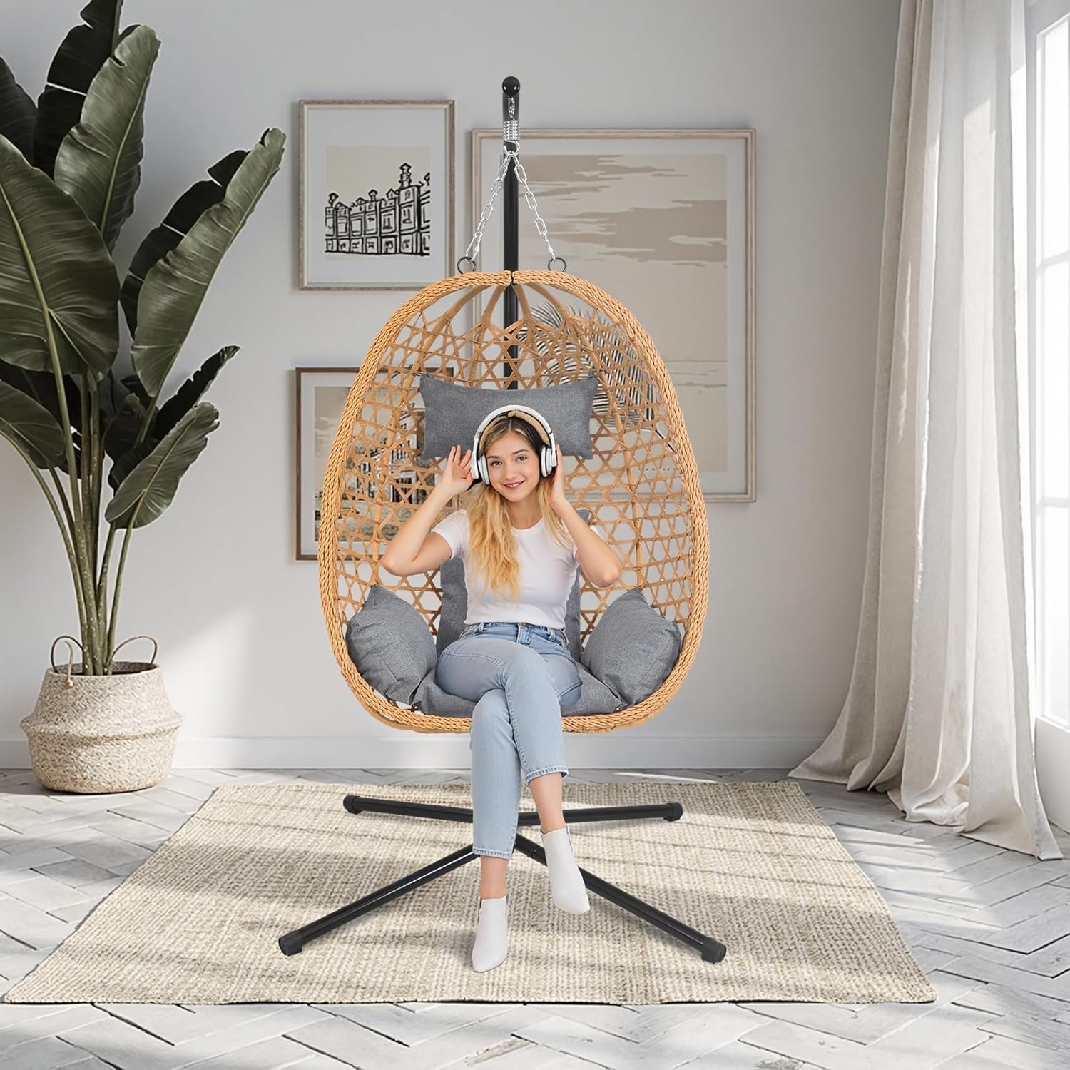 Hanging Egg Chair with Stand & Cushions – All-Weather Rattan Swing Chair
